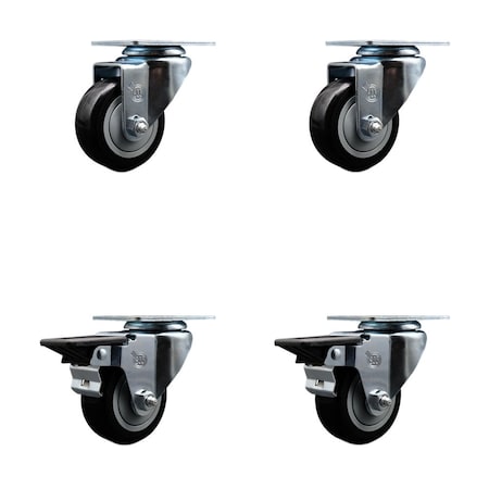 Service Caster 3'' Black Poly Wheel Swivel Top Plate Caster Set with 2 Posi Brakes, 4PK SCC-20S314-PPUB-BLK-2-PLB-2